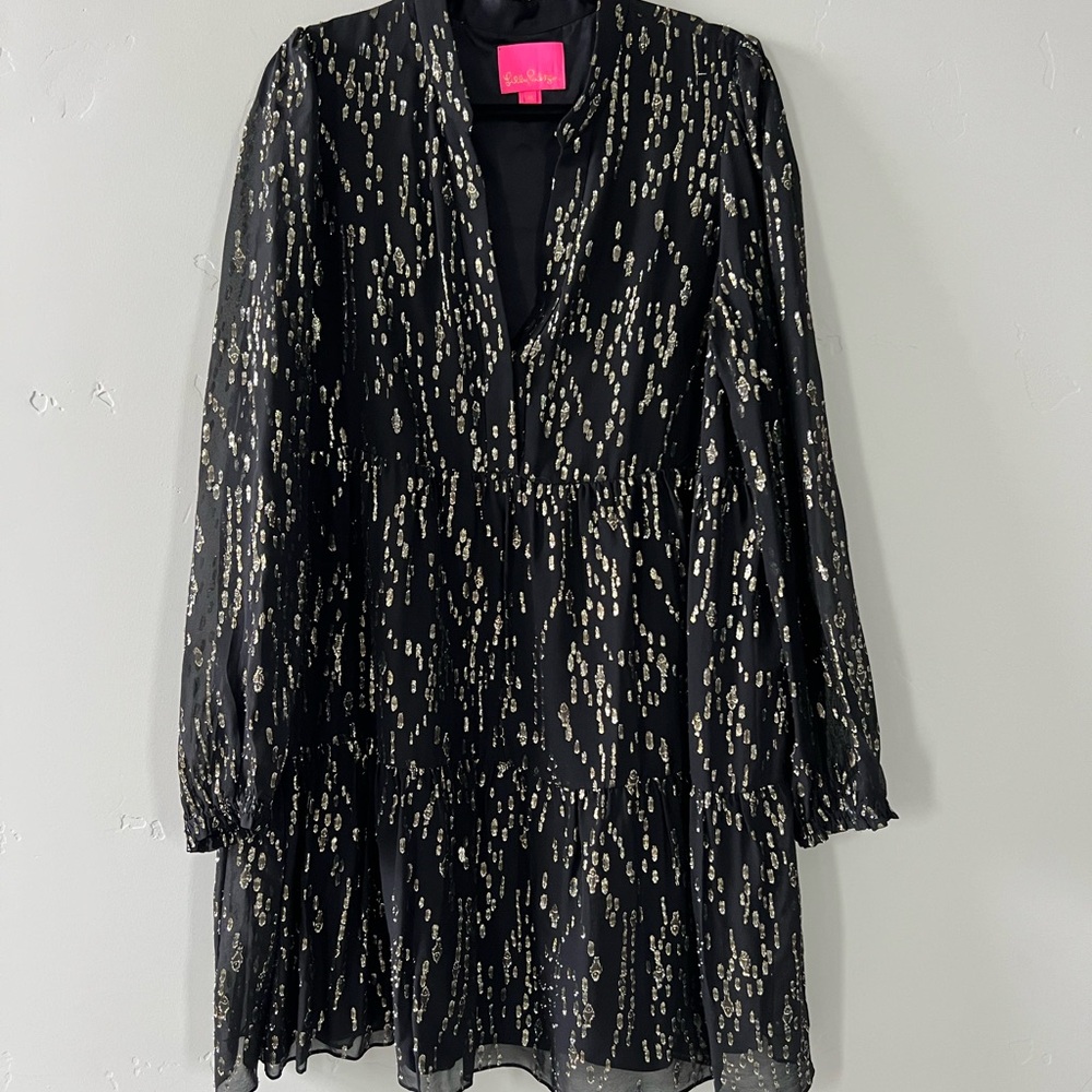 Lilly Pulitzer Black & Gold Metallic Silk Dress – Size XL – 37” Length